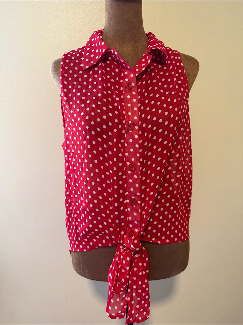 Sheer Red and White Polka Dot Tie-Front Sleeveless Button-Down Top Hi/Low hem